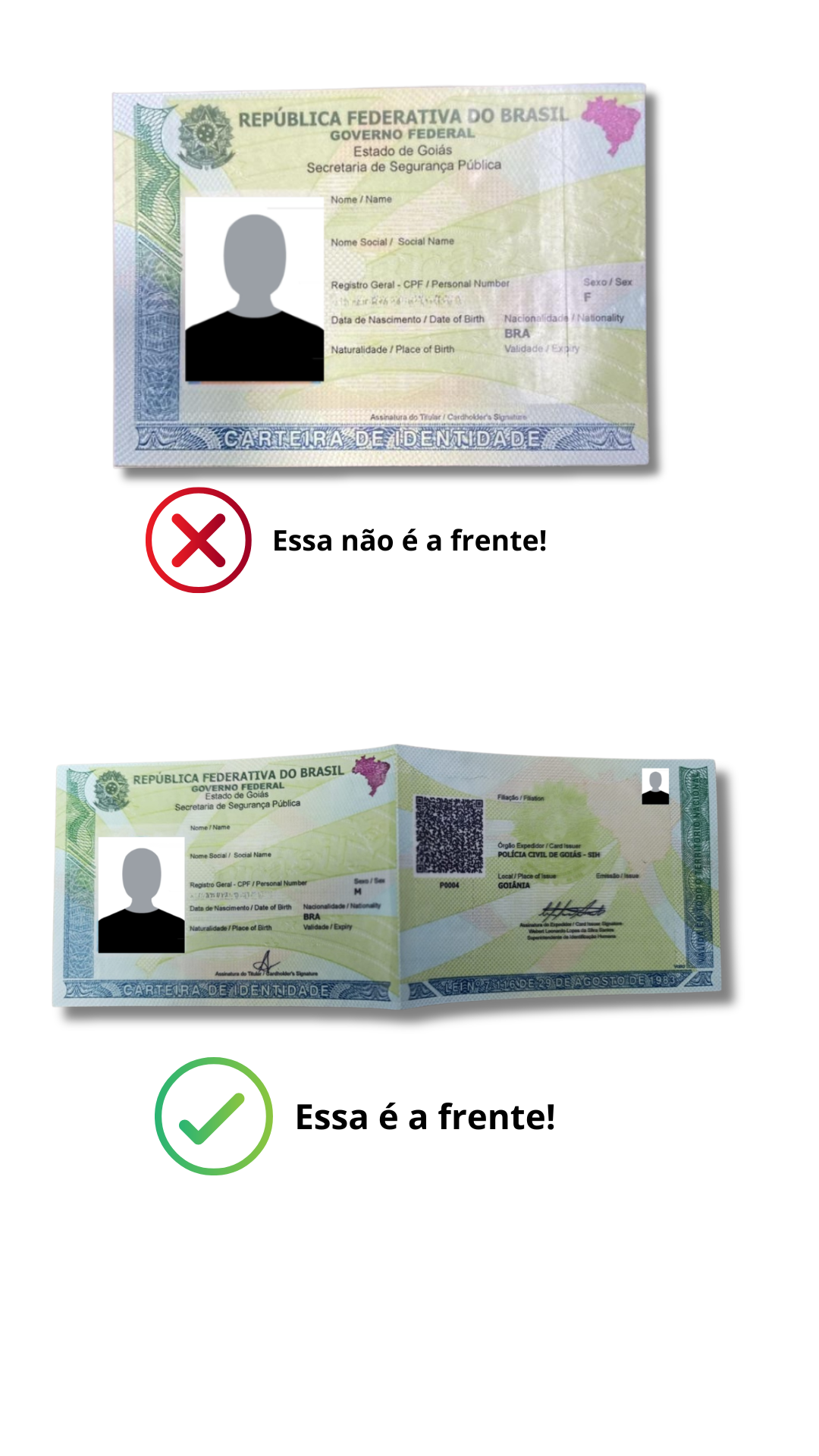 Comparação mostrando a forma correta de enviar a frente da CIN