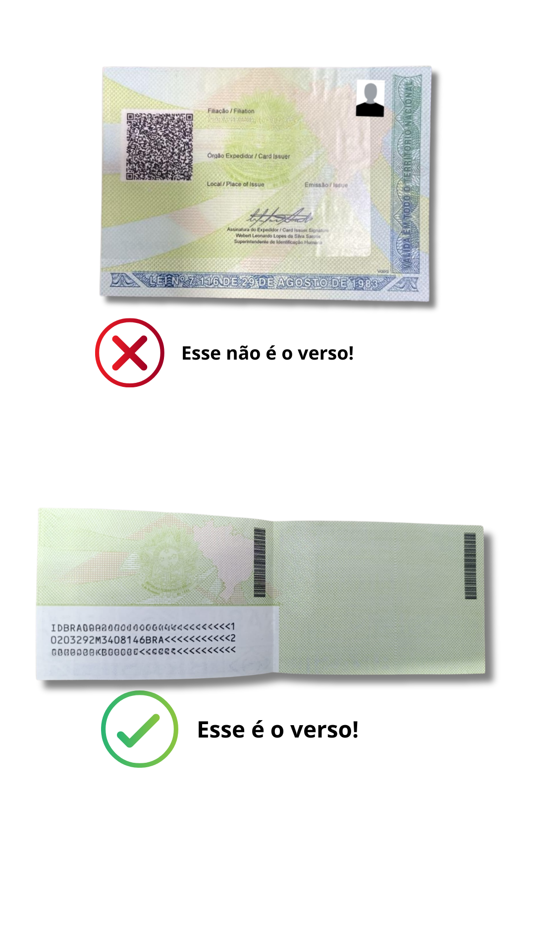 Comparação mostrando a forma correta de enviar o verso da CIN